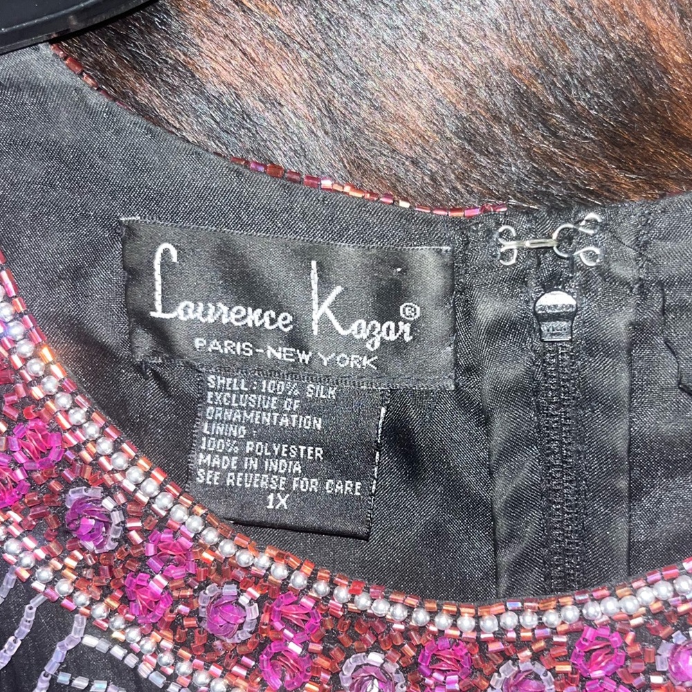 Laurence Kazar black 100% silk beaded pink and purple floral swirl top size 1X - Picture 3 of 7